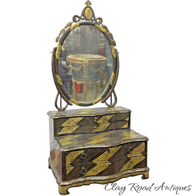 Antique Chinese Export Canton Dresser Box & Mirror Black lacquered zig zag 18th