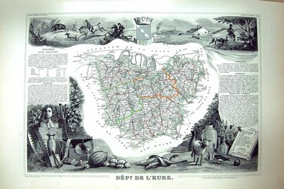Old Antique Print French Map C1845 De L'Eure France Evreux Bernay Rouen 19th