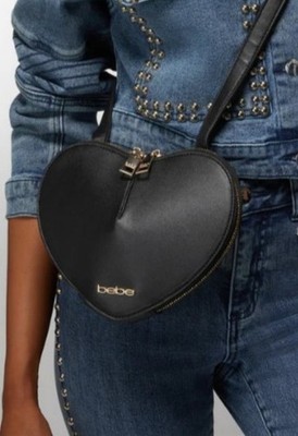 bebe Black Heart-Shaped Crossbody Bag Gold Hardware Zip Closure Charm Strap