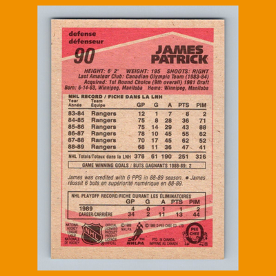 James Patrick #90 1989 O-Pee-Chee New York Rangers Hockey Card NHL