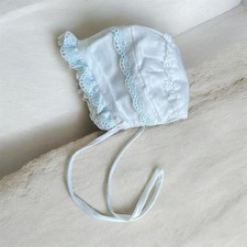 Vtg USA Union Made Cotton  Lace Baby Bonnet, Embroidered Eyelet, Blue  White