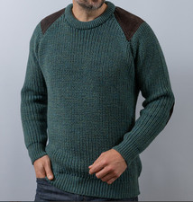 Aran Crafts Sweater Large Blue Irish Fishermans Ribbed Sweater Patches 100 Wool