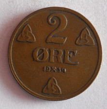 1934 NORWAY 2 ORE - Rare Coin - FREE SHIPPING - Norway Bin #BB