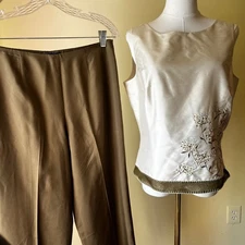 Vintage Ann Taylor Silk Embroidered Top & Wide Leg Pants Set Y2K Size 8/10
