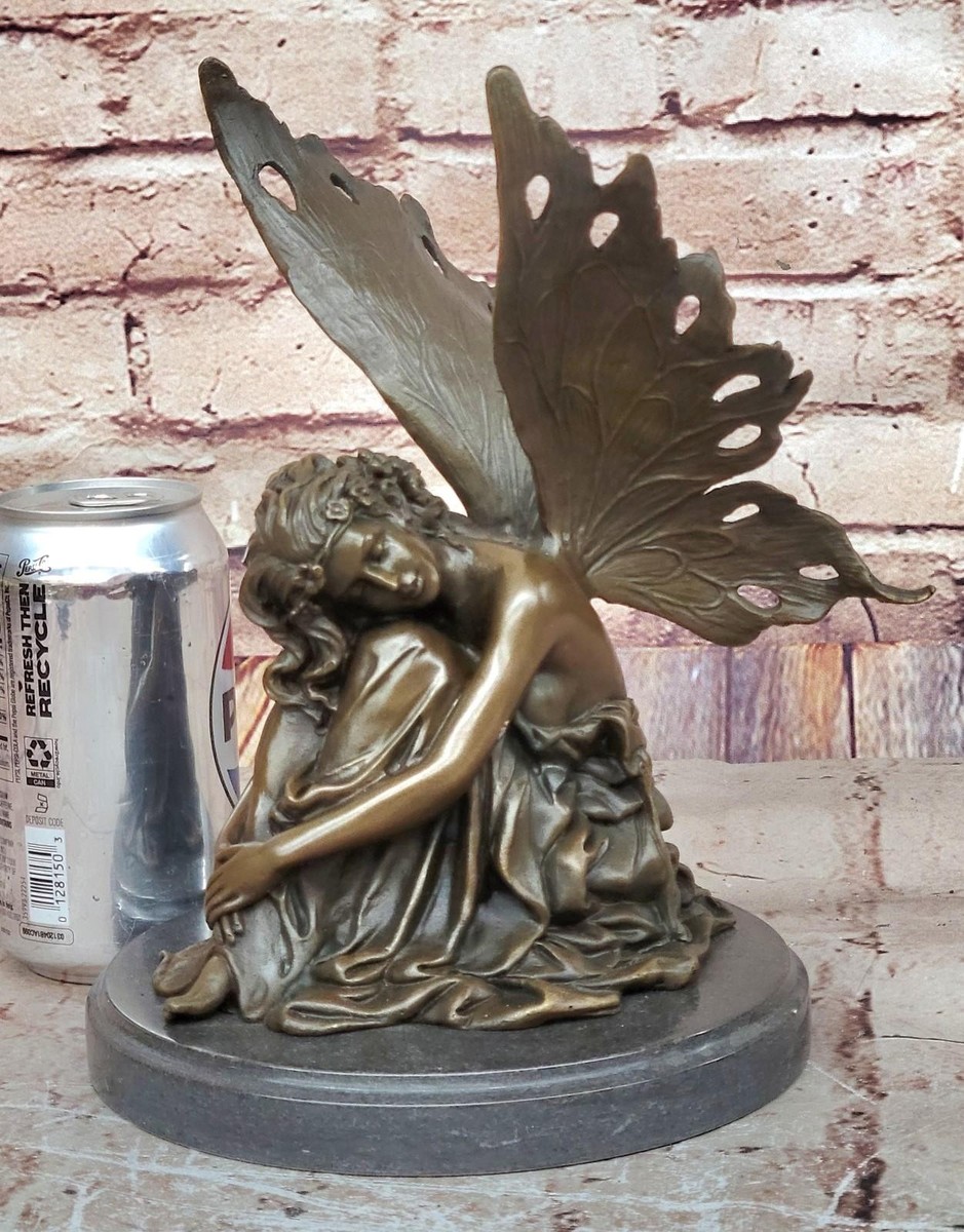 Bronze statue art nouveau garden fairy angel w/ wings. SIGNED