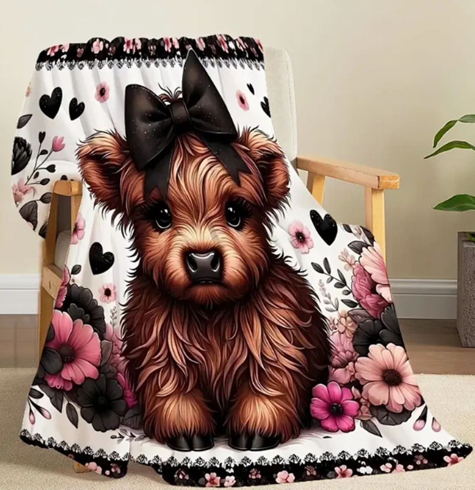 Chic Highland Cow Print Blanket - Flannel Throw for Travel, Camping, Sofa & Bed - Image 3 of 4