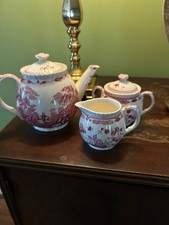 Mason's Ironstone Tea Set Teapot Creamer Sugar Bowl Watteau Manchu Cranberry Red