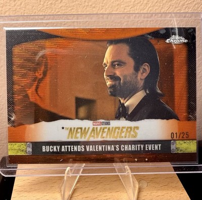 2025 Topps Chrome Marvel Studios Bucky Attends Event #NA-13 Orange Wave /25