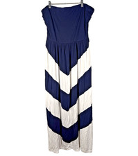 St Tropez Strapless Maxi Dress Tube Sundress Flowing Chevron Blue White Sz XL