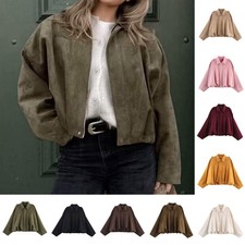 Women Faux Suede Bomber Jacket Ladie Long Sleeves Casual Streetwear Outwear Coat