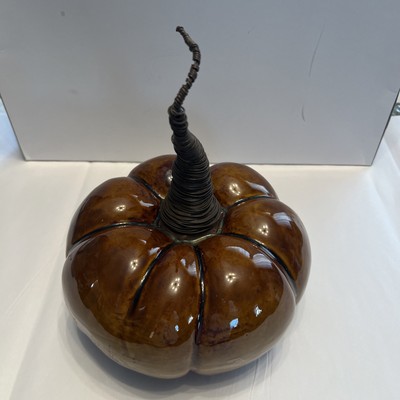 Vintage Pier 1 Ceramic Pottery Pumpkin Brown Glaze Metal Wire Stem Fall Decor