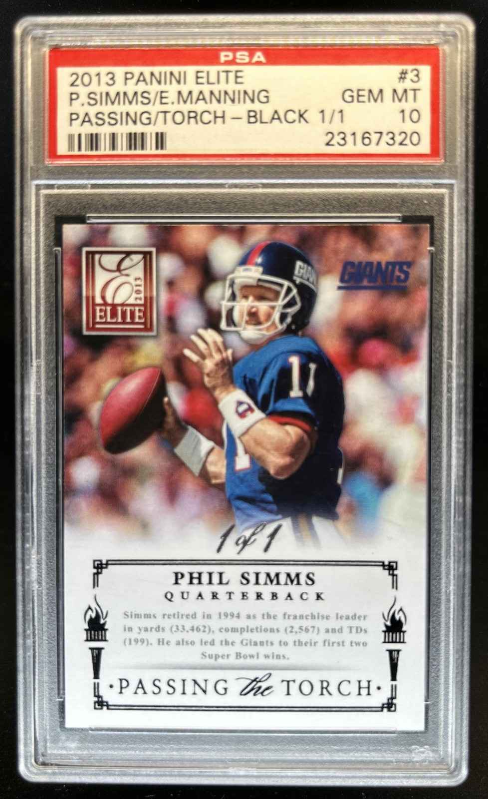 2013 Panini Elite Eli Manning Phil Simms Passing the Torch Black #1/1 PSA 10