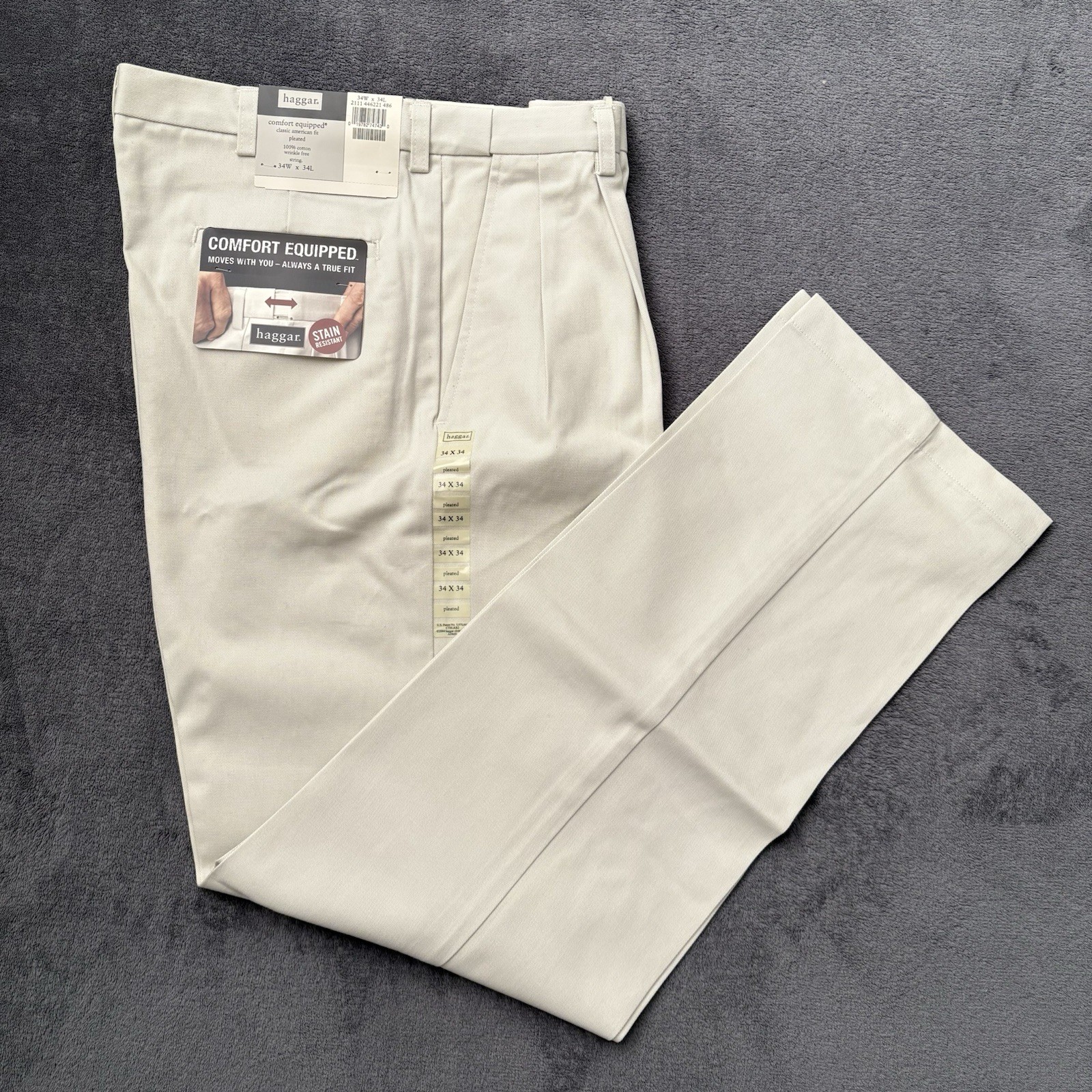HAGGAR Khaki Pants Comfort Equipped Classic Fit PLEATED Mens 34x34 Beige NWT