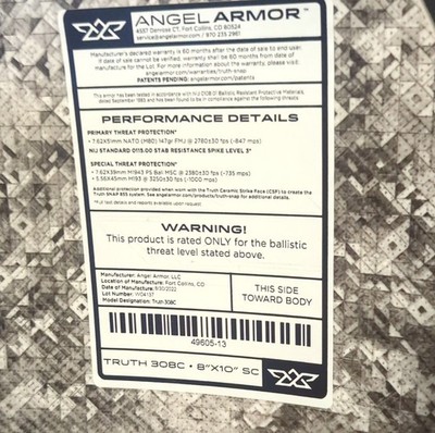 Angel Armor Truth 308C Ballistic Ceramic Plate 8x10 w/ Tactical