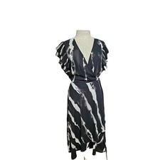 Halston flutter sleeve Wrap Dress pleated layered sleeve Size Medium abstract