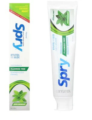 Spry Natural Xylitol Toothpaste 141g for Adults and Kids Fluoride FREE, Gentle.