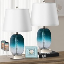 Table Lamp Set of 2 Touch Control, Modern Coastal Teal Glass Bedside Lamp with