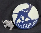 2 Vtg GOP Pins Buttons Elephant Republican Political Let's GOPlaces Metal Wood