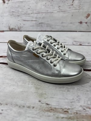 ECCO Soft 7 Lace Sneakers Metallic Silver Leather Shoe EU 39 Women's Sz 8-8.5 US