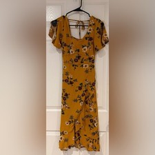 Mustard Yellow Floral Wrap Dress Tie Back Flutter Sleeves Fitted Bodice Size S