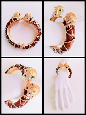 Kenneth Lane MARVELOUS Brown Enamel Gold-plated Vintage Monkey  Bangle~MINT~Rare