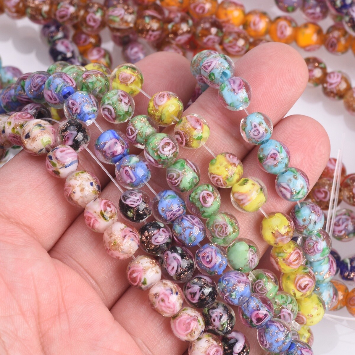 10pcs 8mm Round Golden Foil Flower Handmade Lampwork Glass Loose Beads