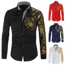 Men's Fashion Hot Stamping Print Slim Button Lapel Long Sleeve Shirt Top