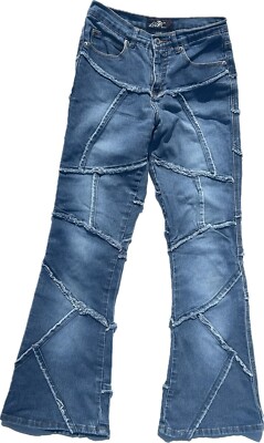 Vintage Lazer Jeans Size 5 Blue Patchwork Flared Boot Cut Raw Hem