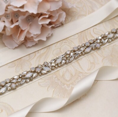 Braut Hochzeit Brautjungfer Kleid dünn Gold Schärpe Opal Kristall Perle Elfenbein Gürtel