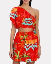 NWT FARM RIO Size Medium Red Tropical Beach Resort Mini Dress One Shoulder