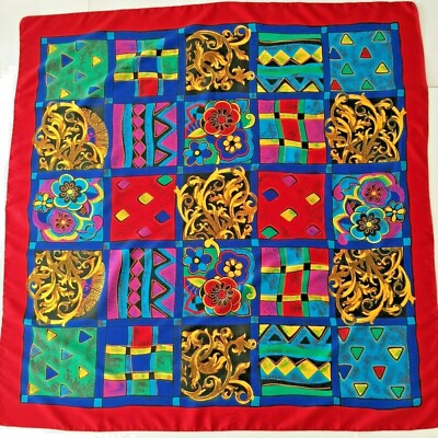 Cybele Square Red Polyester Scarf Made in Italy Squares Pattern 33.5'' X 33''