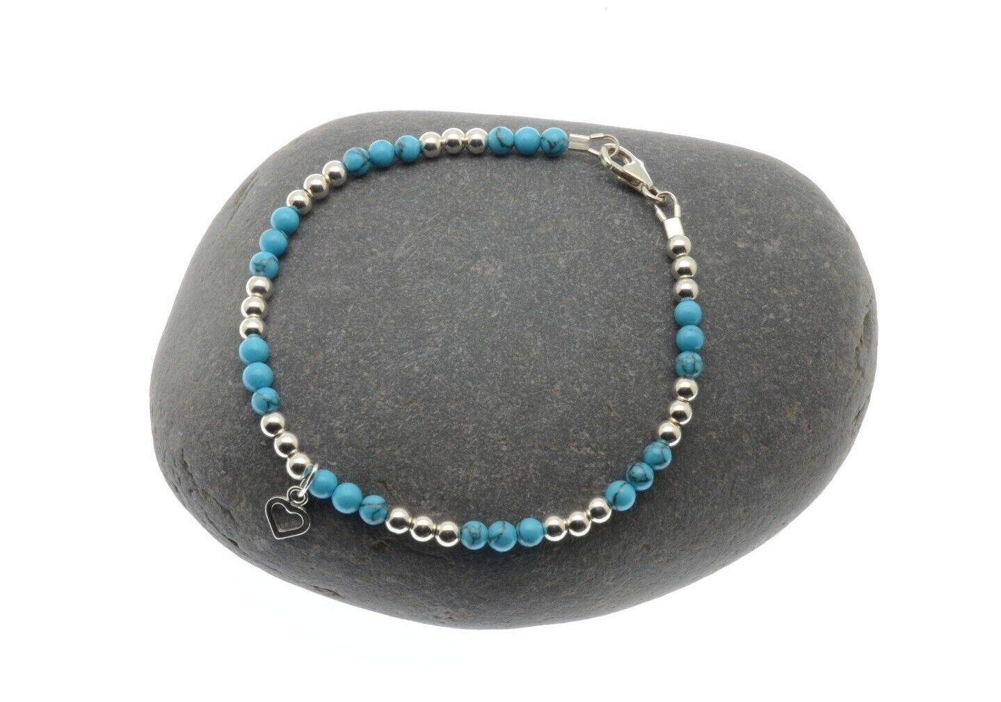 Anklet Turquoise 925 Sterling Silver Beads Heart Charm Clasp Handmade Gift-image