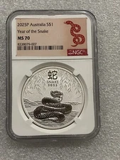 2025 Australia Lunar Snake 1 oz .999 Silver Coin NGC MS 70 ~ Snake Label