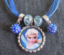 Blue Ribbon Bottle Cap Charm Necklace Beads Frozen Ice Princess Elsa Snow Queen
