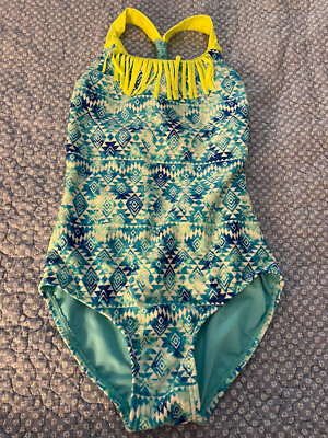 Xhilaration girls M ruffle neck blue/green one piece swimsuit