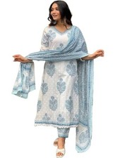 Indian Bollywood Women Cotton Block Printed Kurta Pant With Dupatta
