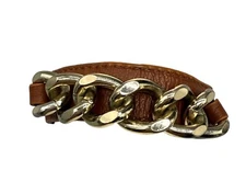 Brown Leather Chain Link Wrap Bangle Bracelet Edgy Chic Cuff Gold Tone Minimal