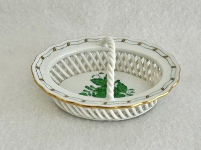 Herend Chinese Bouquet Green 3-3/4'' Small Open Weave Basket with Handle #7382/AV