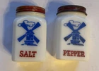 VTG Hazel Atlas Blue Dutch Windmill Milk Glass Salt Pepper Shakers w/Lids 3.25"T