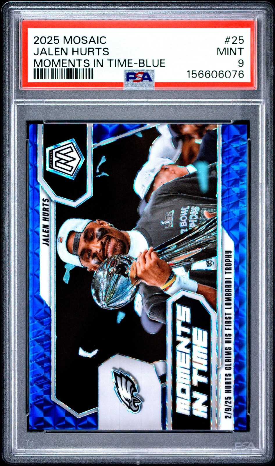 2025 PANINI MOSAIC MOMENTS IN TIME BLUE #25 JALEN HURTS 44/99 PSA 9 view 1