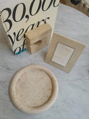 Travertine Marble Tray  10'' Round Italy 1970s VTG Modern MCM Art Deco Stone