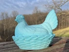 BLUE MILK GLASS HEN ON NEST French VALLERYSTHAL PV Old Antique Vintage HON