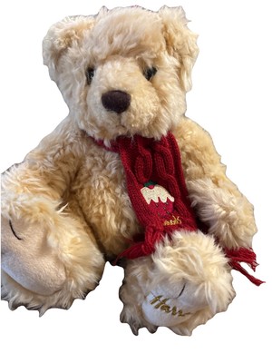 Harrods Shaggy Tan Teddy Bear with Red Scarf 8'' Plush