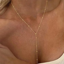 Drop Pendant Necklace Gold Tone Geometric Tassel Beads Long Chain Girls Jewelry