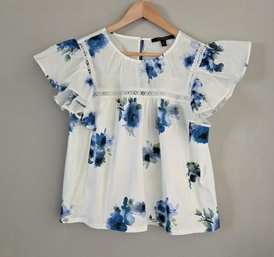 Mark New York White Blue Floral Lace Flutter Sleeve Baby Doll Blouse L