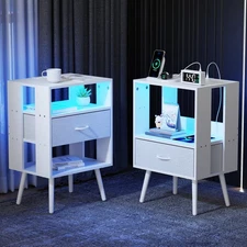 Set of 2 Nightstands Bedside End Tables with LED Lights and USB Ports & Drawer