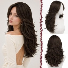 Dark Brown Layered Wig with Bangs, Long Wavy Wig with Curtain Bangs Can Be Tr...