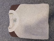 Next Mens Jumper XL Cream Knit Crew Neck Sweater Elbow Patch Casual Pullover