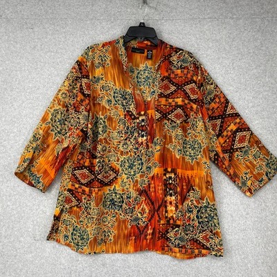 Apostrophe Top Women's 1X Orange Southwestern Festive Semi Sheer Tunic Blouse