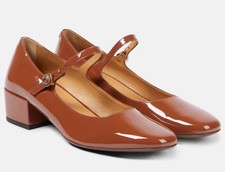 NWB TOD'S Patent Leather Mary Jane Pumps 39.5 Brown Round Toe Block Heel Shoes